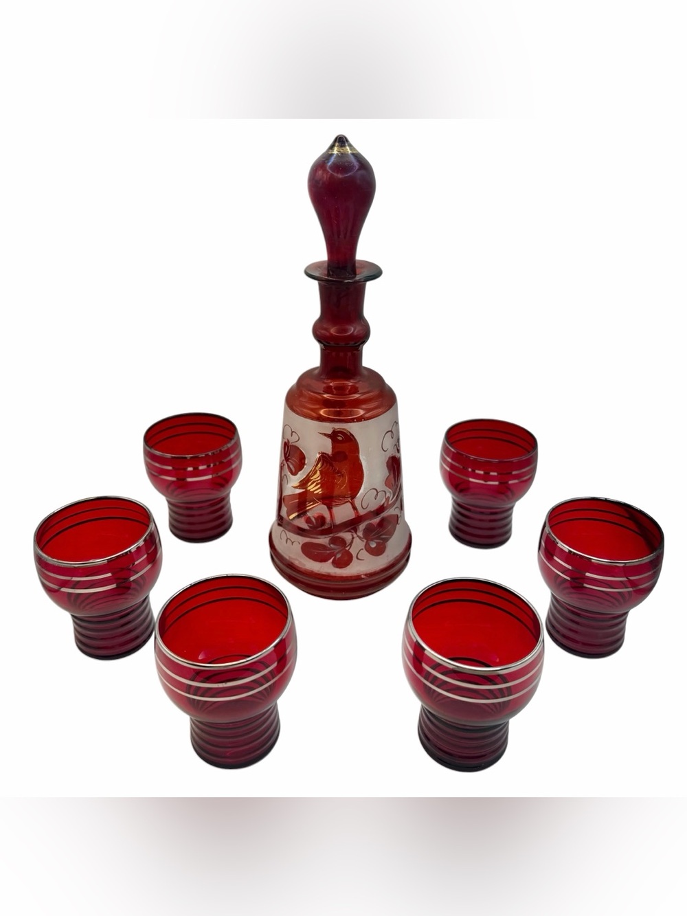 Antique Bohemian Ruby Red Flashed & Frosted Hand Blown Glass Liqueur Set